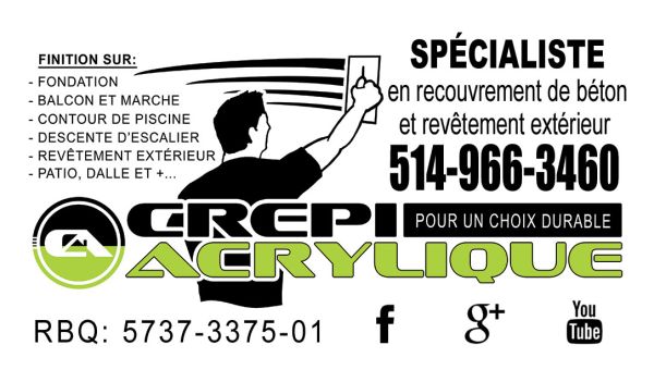 Carte d'affaire de Crépi Acrylique, expert en application de crépi acrylique sur fondation à Sainte-Julienne