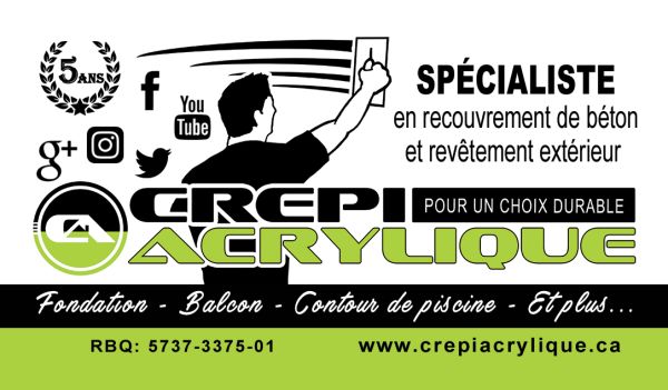 Carte d'affaire de Crépi Acrylique, expert en application de crépi acrylique sur blocs de béton à Sainte-Julienne