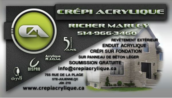 Carte d'affaire de Crépi Acrylique, expert en application de crépi acrylique sur balcon à Sainte-Julienne